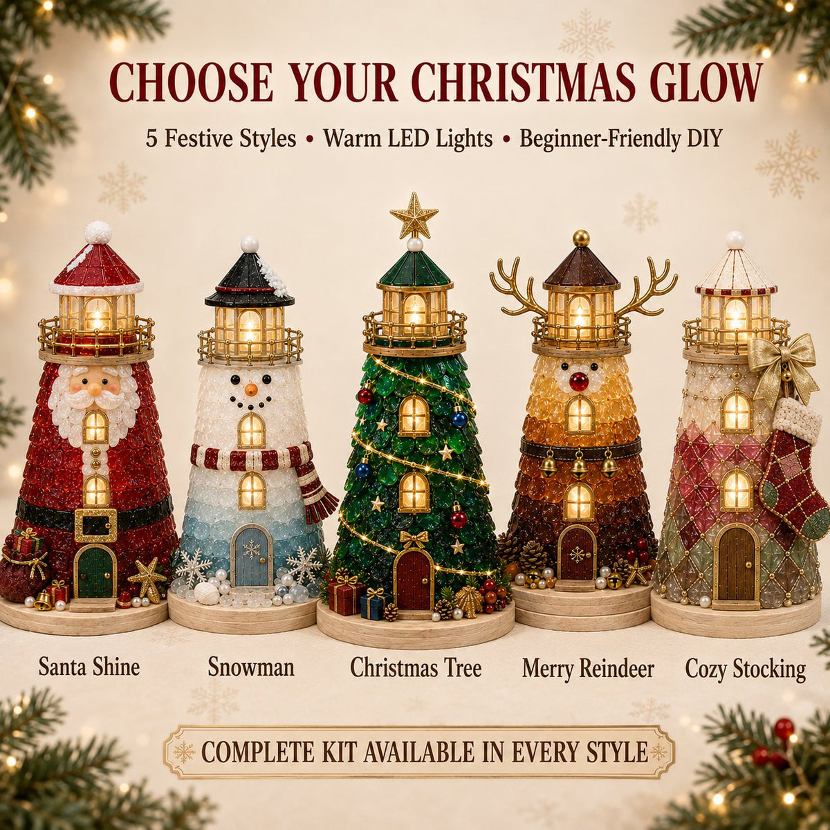 🎅 2026 Christmas Gift 50% Off--🎄Beginner-Friendly DIY Lighted Christmas Character Sea Glass-Style Lighthouse Kit Collection | Complete Kit with Sea Glass-Style Pieces, LED Lights & Step-by-Step Guide Included 💕